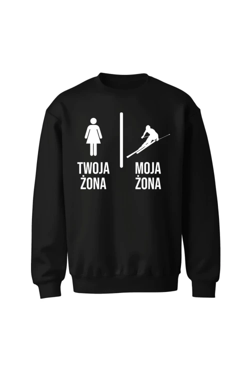Bluza bez kaptura Twoja żona vs Moja żona narciarstwo - czarna