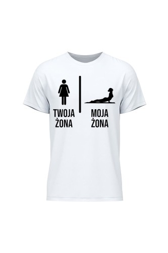 Koszulka męska Twoja żona vs Moja żona joga - biała