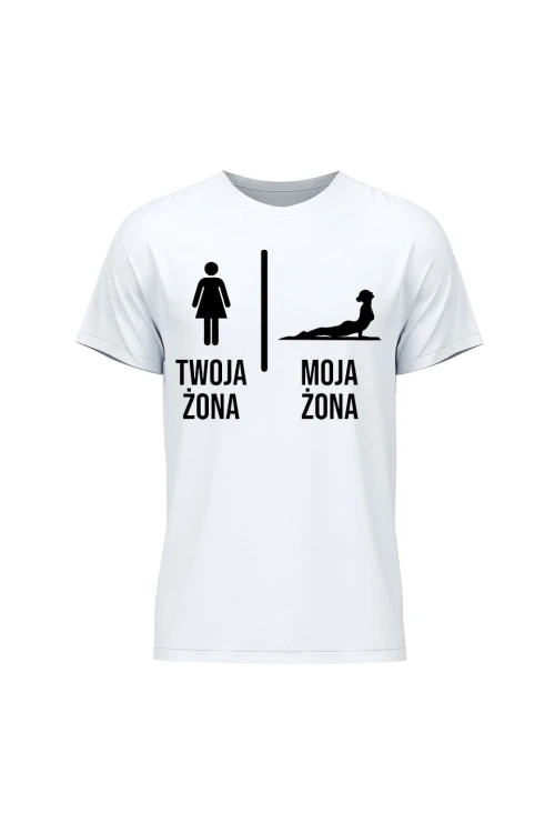 Koszulka męska Twoja żona vs Moja żona joga - biała