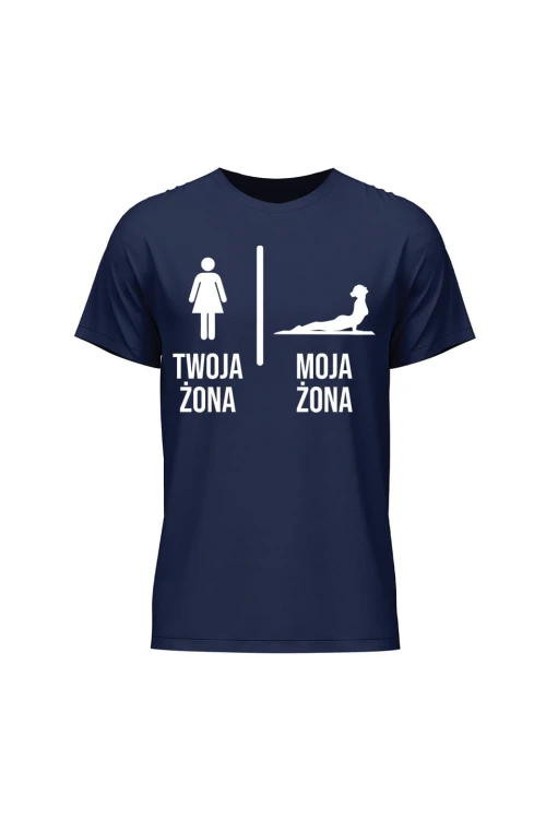 Koszulka męska Twoja żona vs Moja żona joga - granatowa