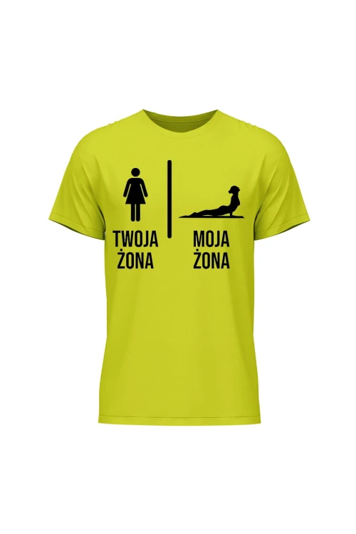 Koszulka męska Twoja żona vs Moja żona joga - limonka