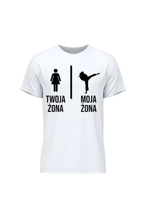 Koszulka męska Twoja żona vs Moja żona judo - biała
