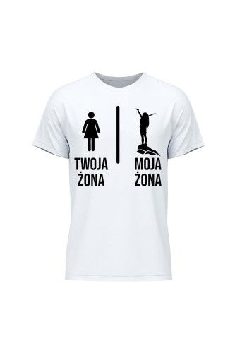 Koszulka męska Twoja żona vs Moja żona chodzenie - biała