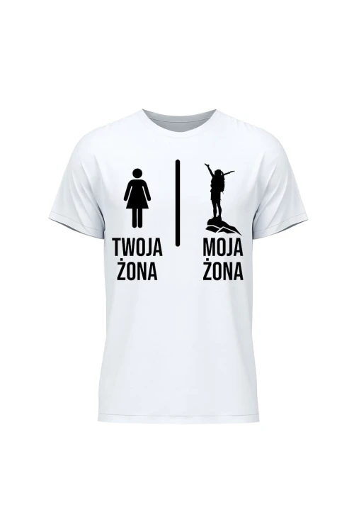 Koszulka męska Twoja żona vs Moja żona chodzenie - biała