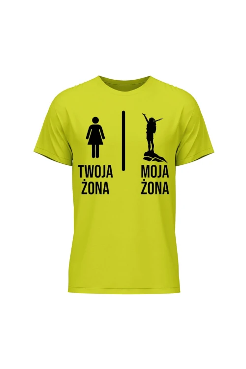 Koszulka męska Twoja żona vs Moja żona chodzenie - limonka