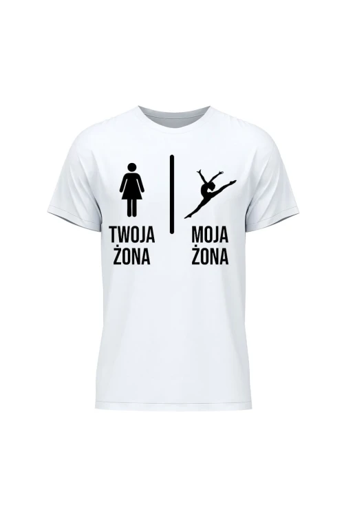 Koszulka męska Twoja żona vs Moja żona gimnastyka - biała