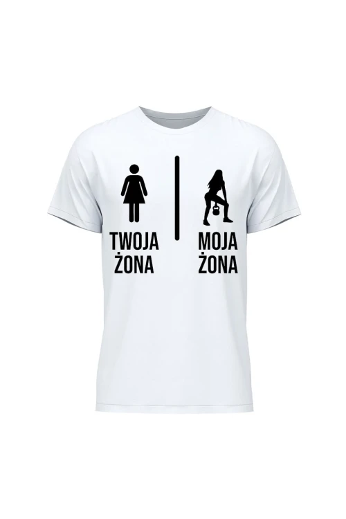 Koszulka męska Twoja żona vs Moja żona kettlebells - biała