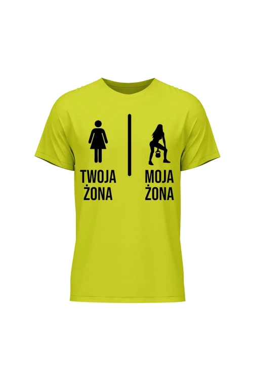 Koszulka męska Twoja żona vs Moja żona kettlebells - limonka