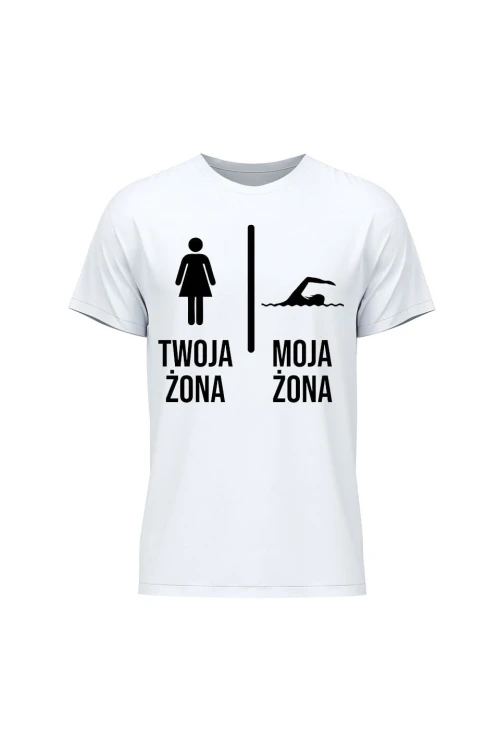 Koszulka męska Twoja żona vs Moja żona pływanie - biała