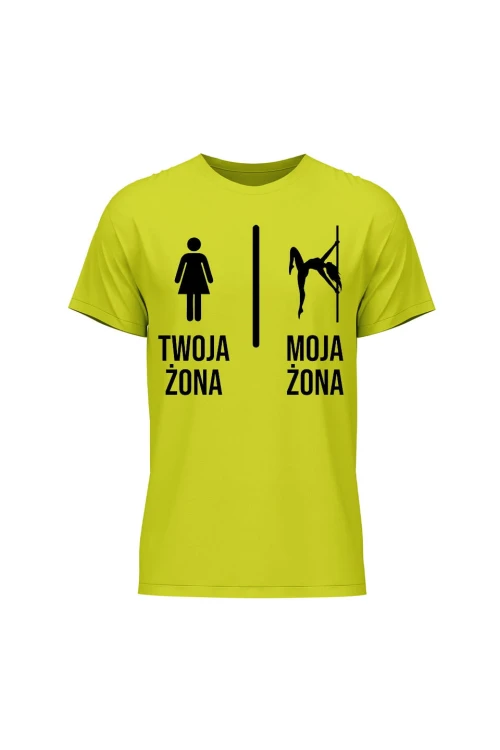 Koszulka męska Twoja żona vs Moja żona pole dance - limonka