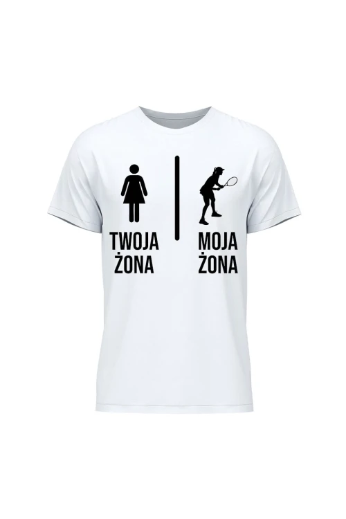 Koszulka męska Twoja żona vs Moja żona tenis - biała