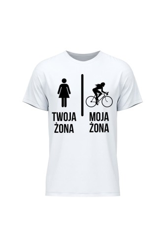 Koszulka męska Twoja żona vs Moja żona jazda na rowerze - biała