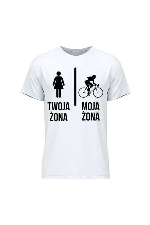 Koszulka męska Twoja żona vs Moja żona jazda na rowerze - biała