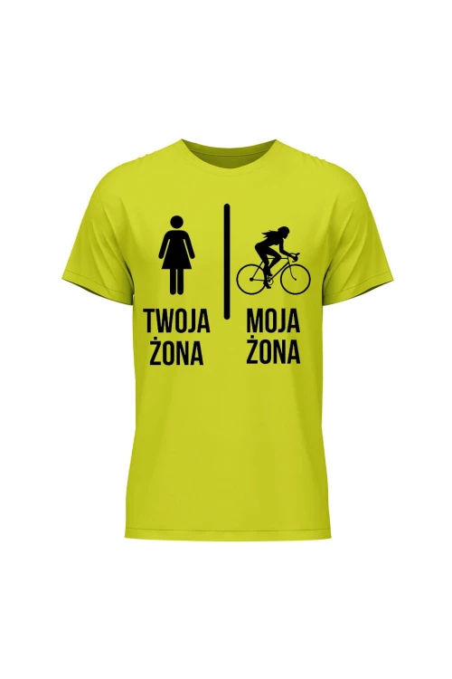 Koszulka męska Twoja żona vs Moja żona jazda na rowerze - limonka