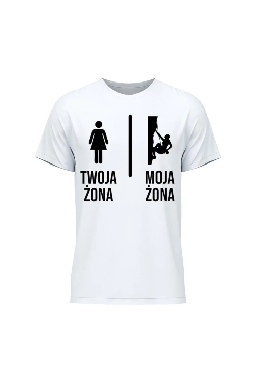 Koszulka męska Twoja żona vs Moja żona wspinaczka - biała
