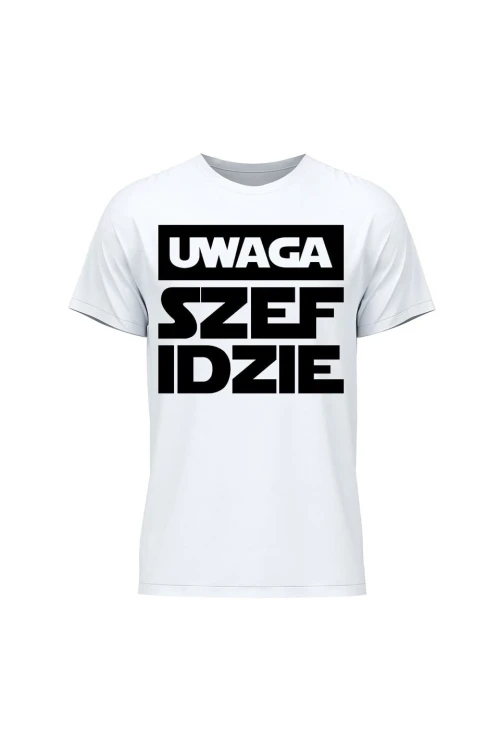 Koszulka męska Uwaga szef idzie - biała