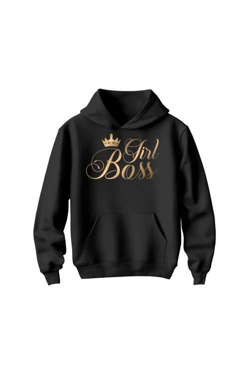 Bluza dziecięca z kapturem Girl Boss złoty nadruk - czarna