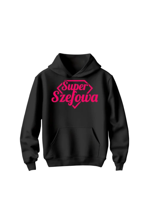 Bluza dziecięca z kapturem Super Szefowa różowy nadruk - czarna