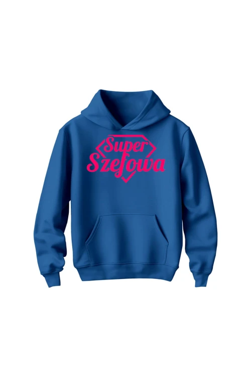 Bluza dziecięca z kapturem Super Szefowa różowy nadruk - niebieska