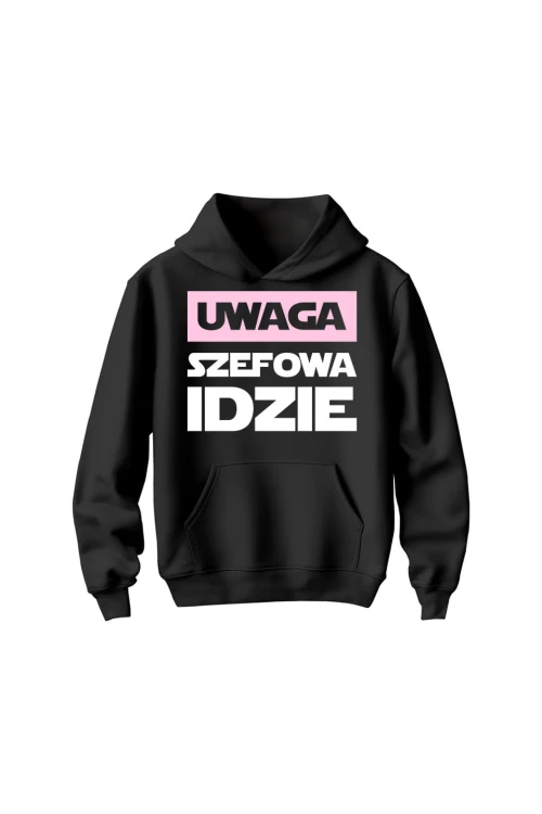 Bluza dziecięca z kapturem Uwaga Szefowa Idzie - czarna