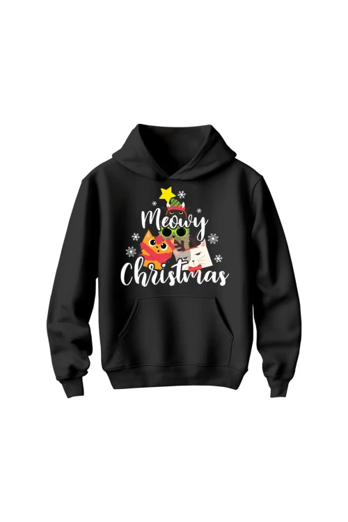 Bluza dziecięca z kapturem Meowy Christmas - czarna