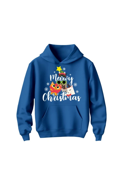 Bluza dziecięca z kapturem Meowy Christmas - niebieska