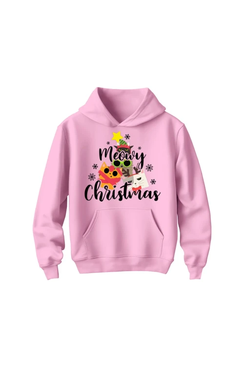 Bluza dziecięca z kapturem Meowy Christmas - różowa