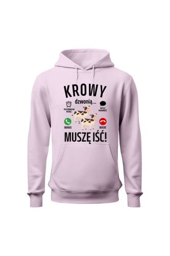 Bluza damska z kapturem Krowy dzwonią muszę iść - różowa