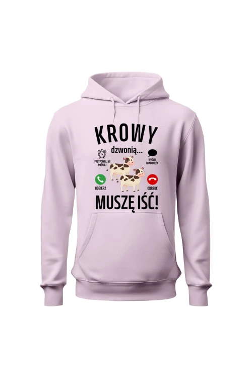Bluza damska z kapturem Krowy dzwonią muszę iść - różowa
