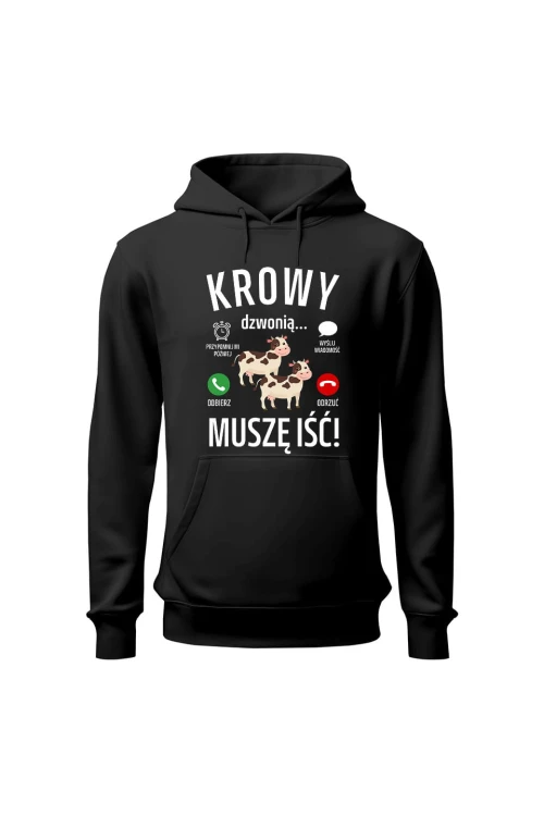 Bluza damska z kapturem Krowy dzwonią muszę iść - czarna
