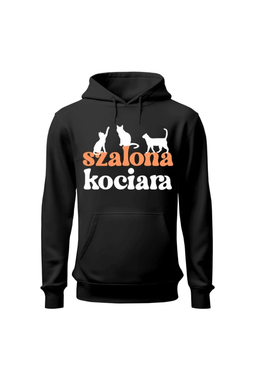 Bluza damska z kapturem Szalona kociara - czarna