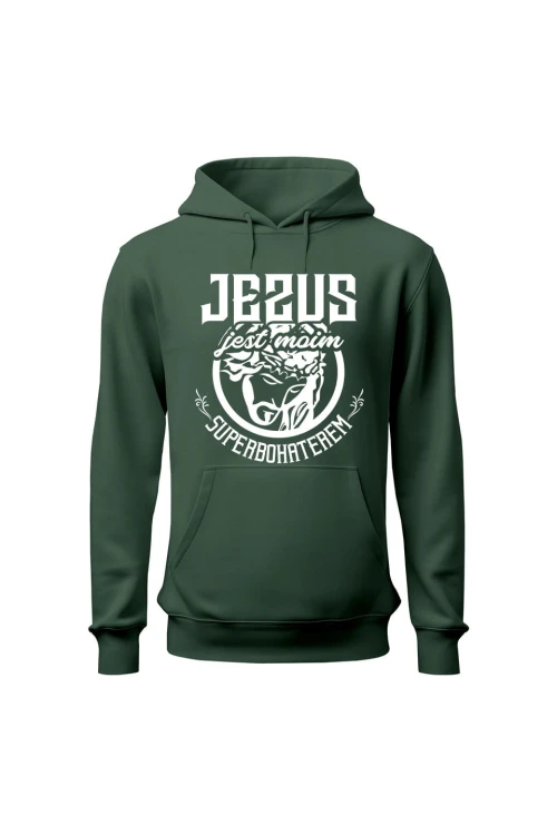 Bluza damska z kapturem Jezus jest moim superbohaterem - zielona