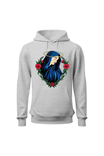 Bluza damska z kapturem Wizerunek Maryi - szara