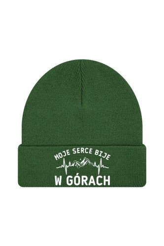 Czapka zimowa Moje serce bije w górach - ciemnozielona
