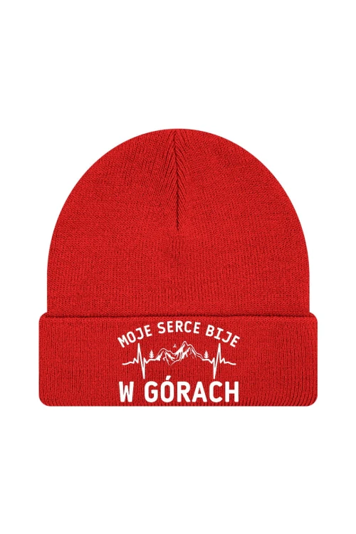 Czapka zimowa Moje serce bije w górach - czerwona