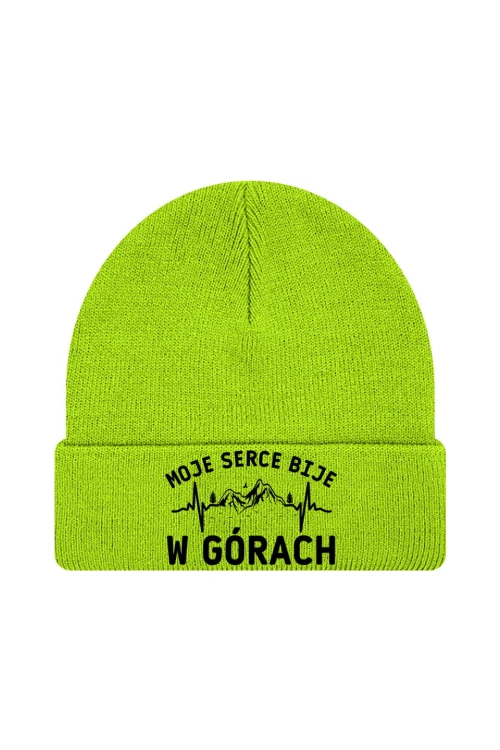 Czapka zimowa Moje serce bije w górach - limonka