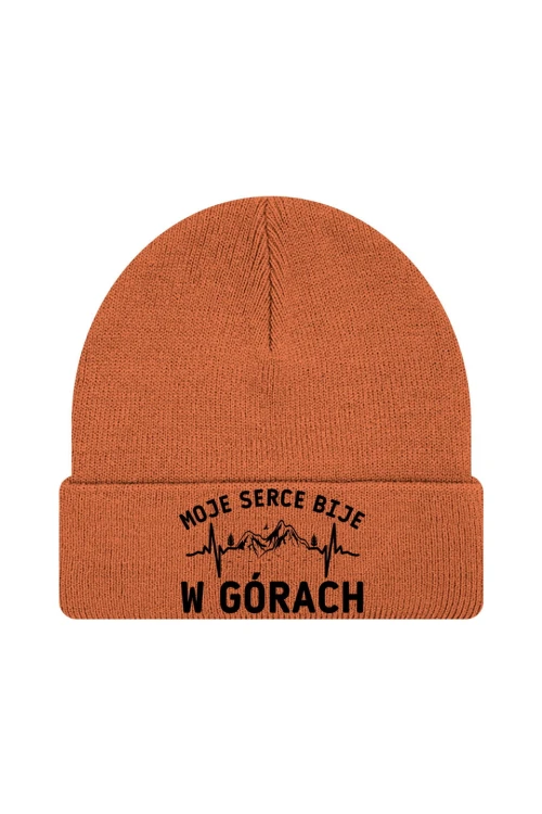 Czapka zimowa Moje serce bije w górach - pomarańczowa
