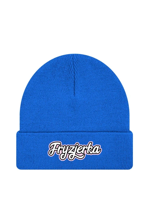 Czapka zimowa Fryzjerka napis - niebieska