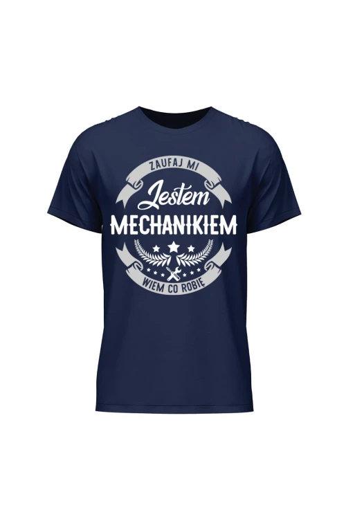 Koszulka męska Zaufaj mi jestem mechanikiem wiem co robię - granatowa