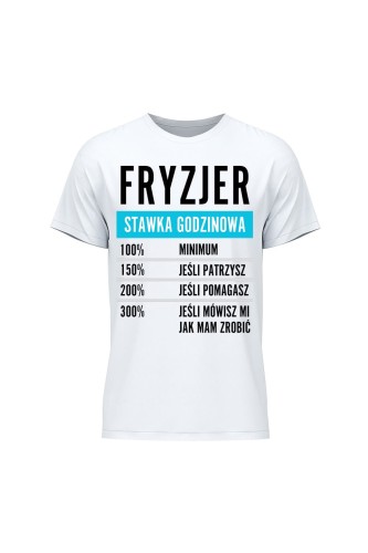 Koszulka męska Fryzjer stawka godzinowa - biała